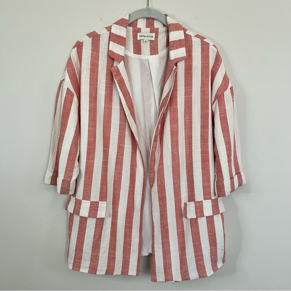 Pepaloves Pink White Stripe Linen Blend Open Front Blazer Jacket M - Picture 2 of 10